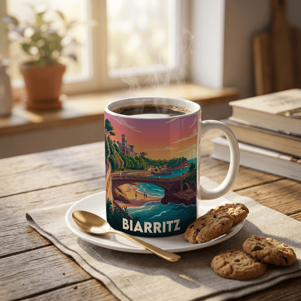 Mug souvenir de la ville de Biarritz avec une illustration stylisée de son littoral.