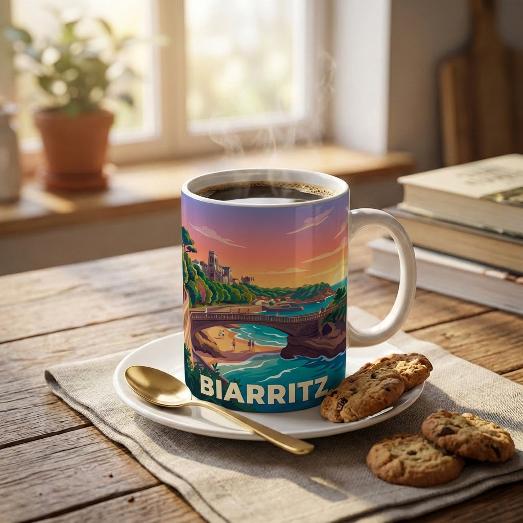Mug souvenir de la ville de Biarritz avec une illustration stylisée de son littoral.