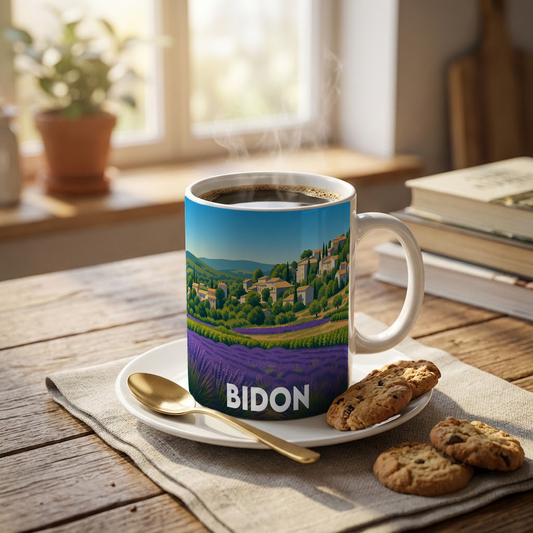 Mug souvenir de la ville de Bidon avec une illustration stylisée de champs de lavande et d'un village perché.