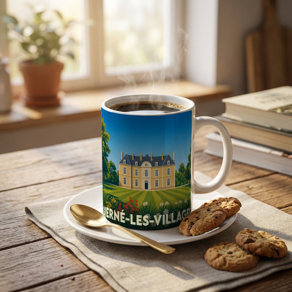 Mug souvenir de la ville de Bierné-les-Villages avec une illustration stylisée d'un château.