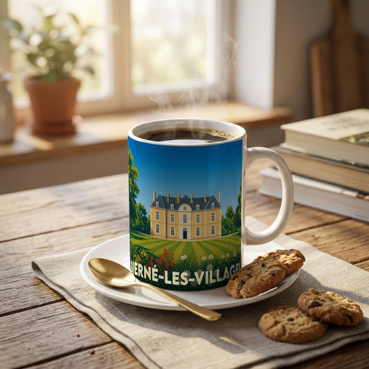 Mug souvenir de la ville de Bierné-les-Villages avec une illustration stylisée d'un château.