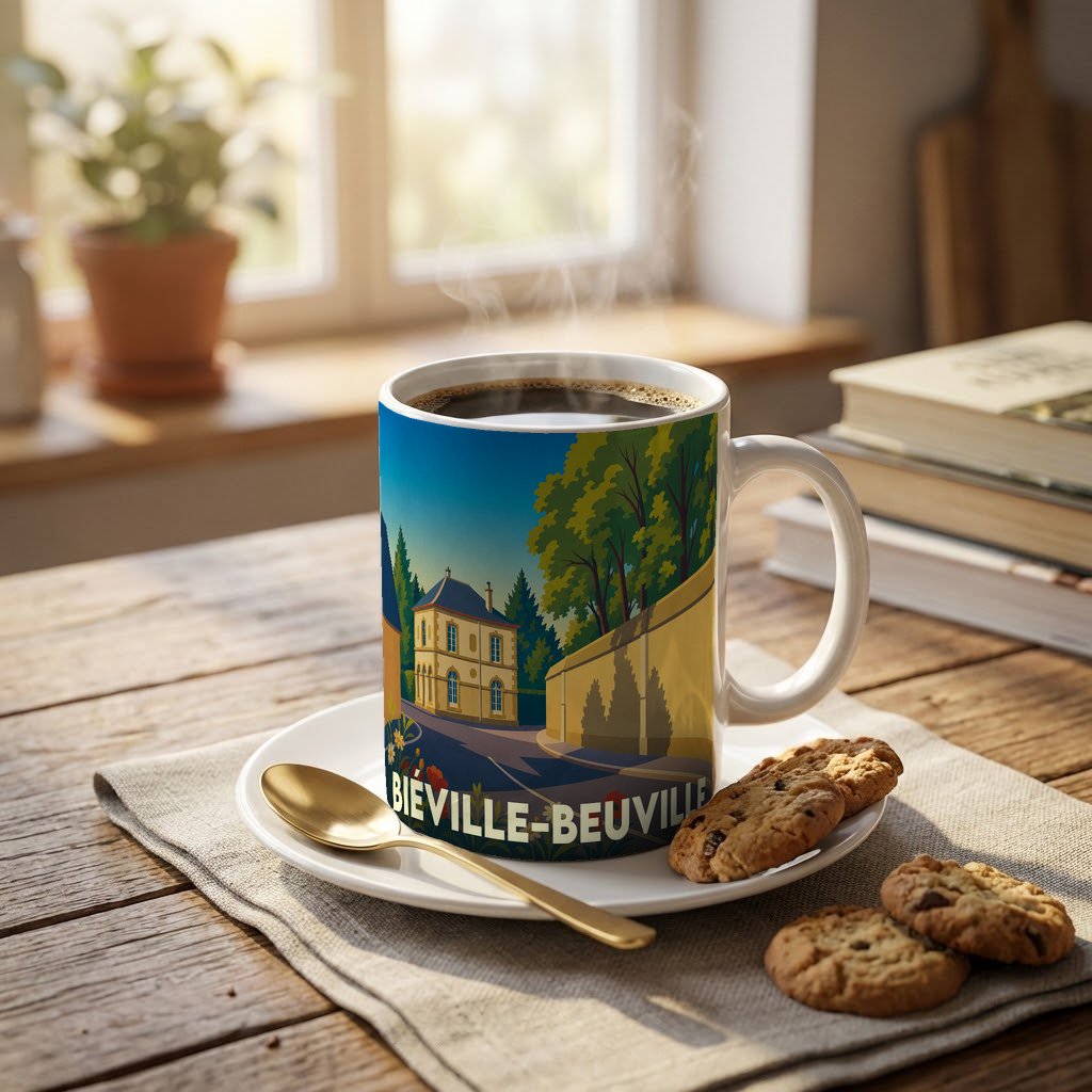 Mug souvenir de la ville de Biéville-Beuville avec une illustration stylisée.