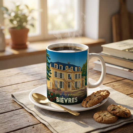 Mug souvenir de la ville de Bièvres avec une illustration stylisée d'un bâtiment historique.
