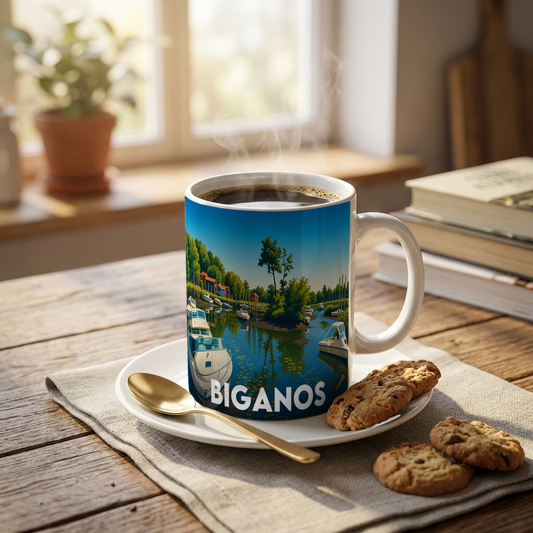 Mug souvenir de la ville de Biganos avec une illustration stylisée de son port.