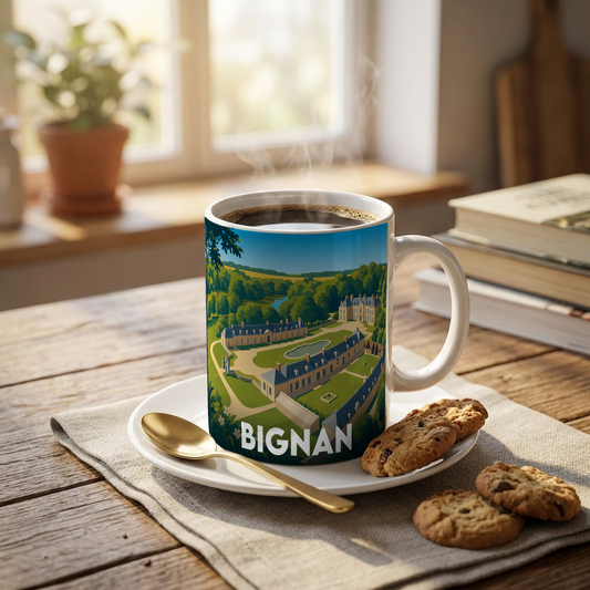 Mug souvenir de la ville de Bignan avec une illustration stylisée.