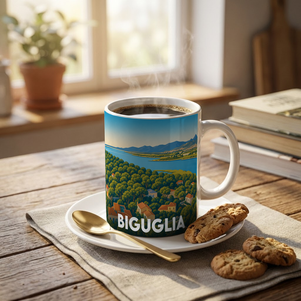 Mug souvenir de la ville de Biguglia avec une illustration paysagère stylisée.