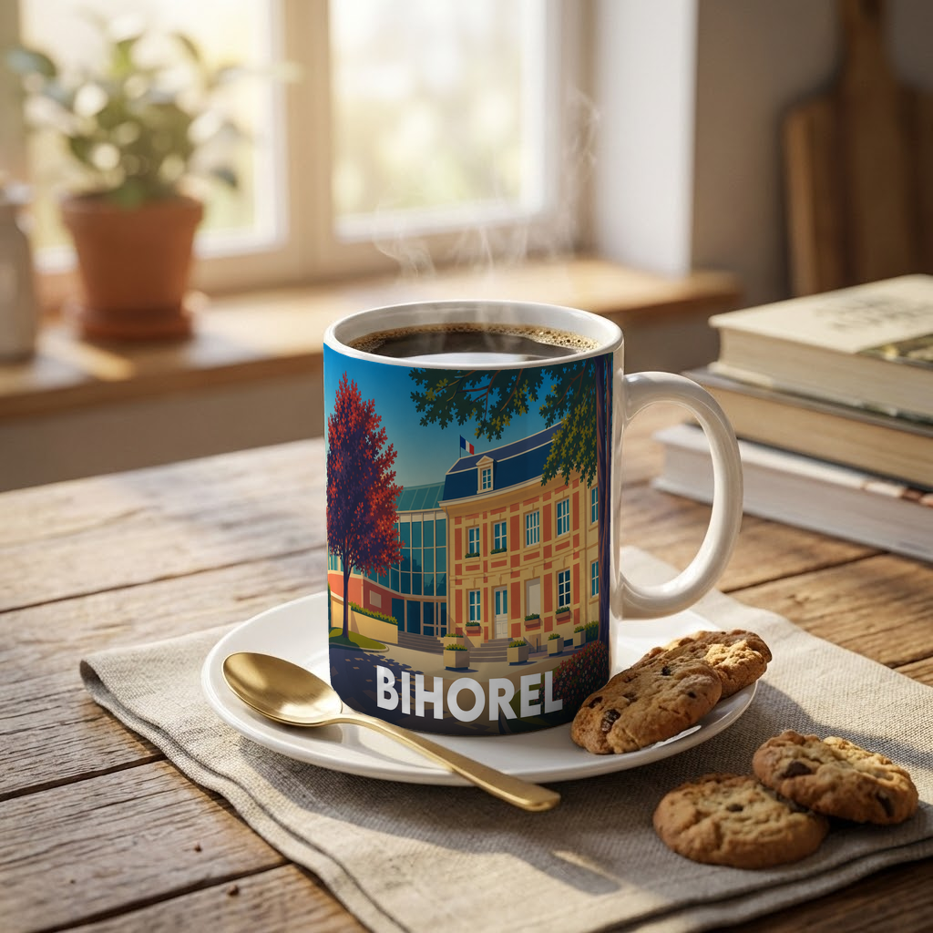Mug souvenir de la ville de Bihorel orné d'une illustration stylisée de son architecture.