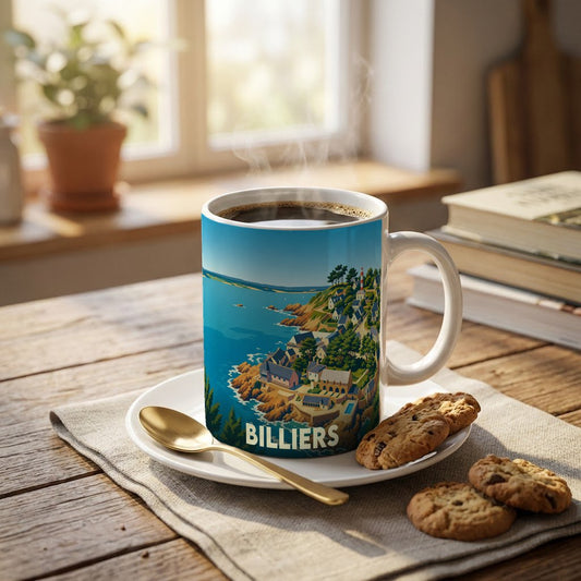 Mug souvenir de la ville de Billiers orné d'une illustration stylisée de son littoral.