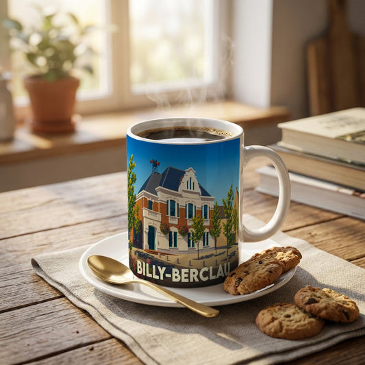 Mug souvenir de la ville de Billy-Berclau avec une illustration stylisée de son architecture locale.