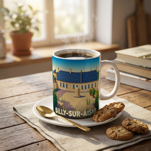 Mug souvenir de la ville de Billy-sur-Aisne avec une illustration stylisée d'un bâtiment historique.