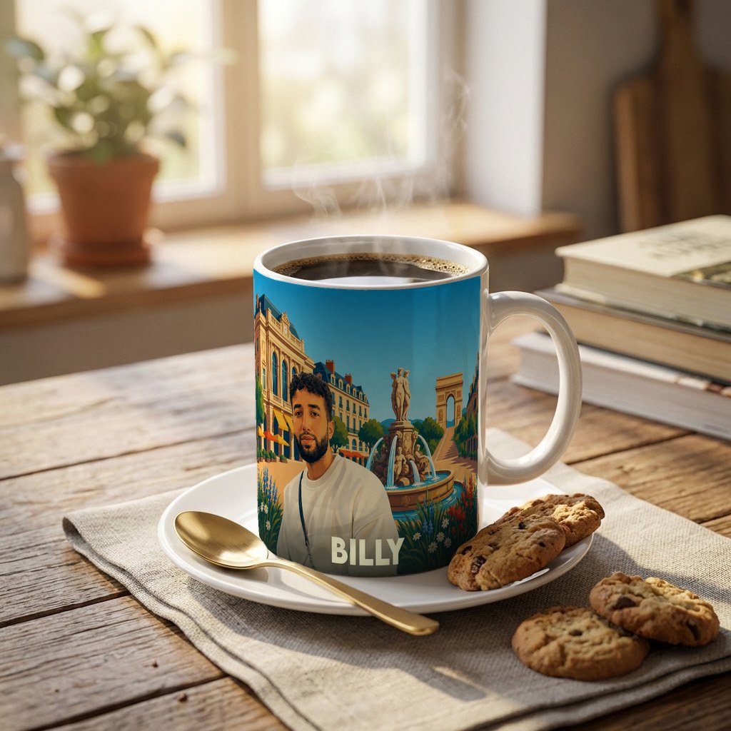 Mug souvenir de la ville de Billy avec une illustration stylisée.