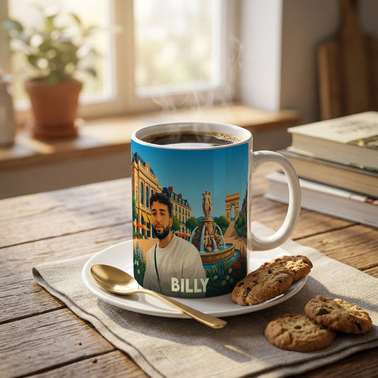 Mug souvenir de la ville de Billy avec une illustration stylisée.