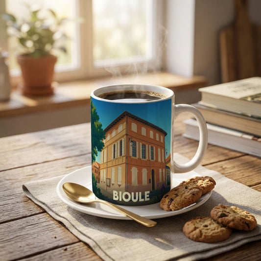 Mug souvenir de la ville de Bioule avec une illustration stylisée d'un bâtiment historique.