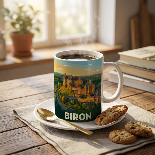 Mug souvenir de la ville de Biron avec une illustration stylisée de son château.
