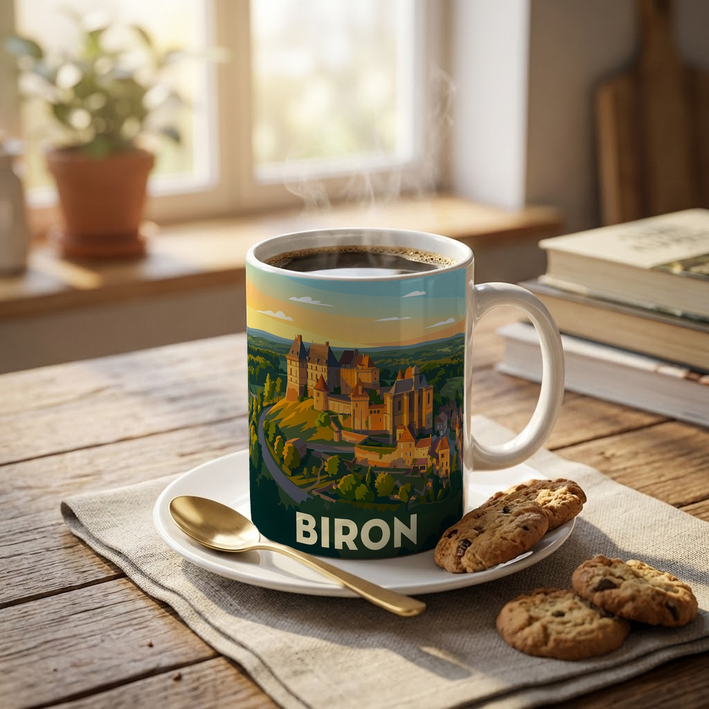 Mug souvenir de la ville de Biron avec une illustration stylisée de son château.