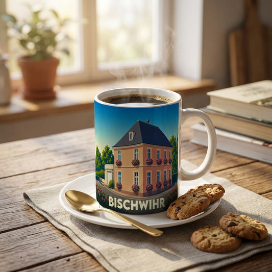 Mug souvenir de la ville de Bischwihr orné d'une illustration stylisée d'une maison alsacienne fleurie.
