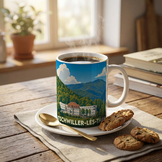 Mug souvenir de la ville de Bitschwiller-lès-Thann avec une illustration stylisée de son paysage montagneux.