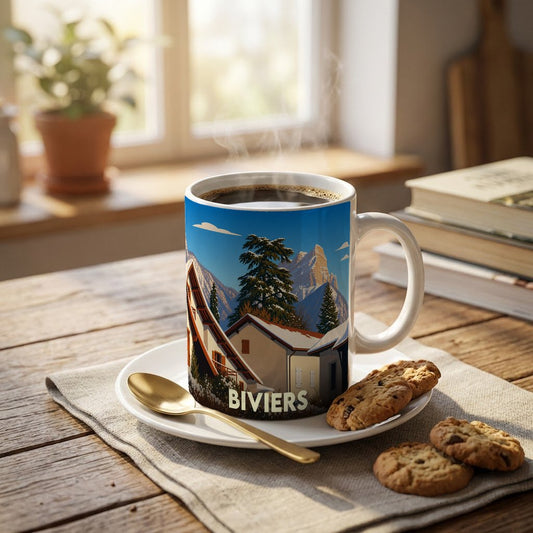 Mug souvenir de la ville de Biviers orné d'une illustration stylisée de paysages montagneux enneigés.