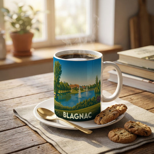 Mug souvenir de la ville de Blagnac avec une illustration stylisée d'un parc au bord de l'eau.