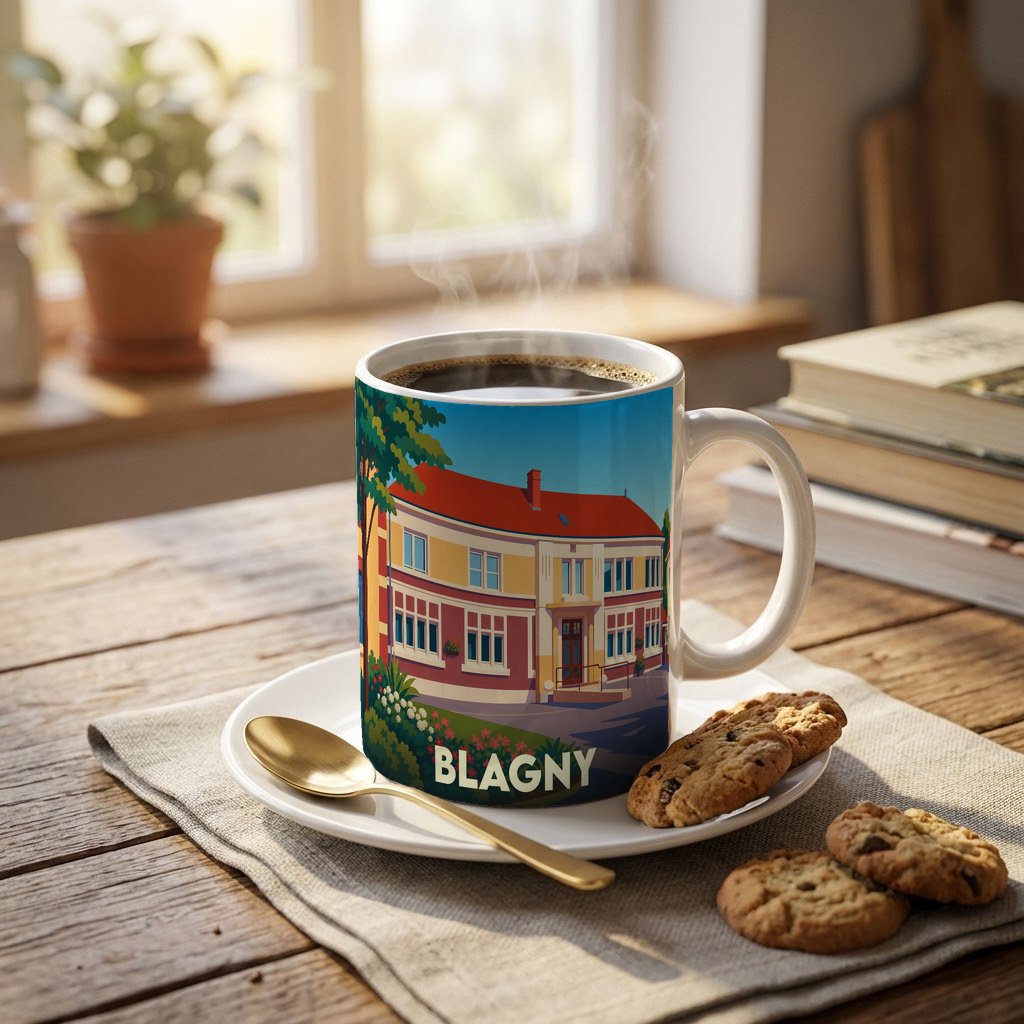 Mug souvenir de la ville de Blagny avec une illustration stylisée d'un bâtiment emblématique.