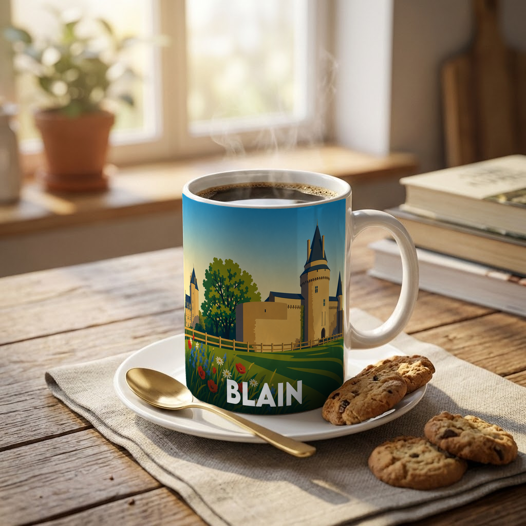 Mug souvenir de la ville de Blain illustré d'un château stylisé sur fond de paysage verdoyant.