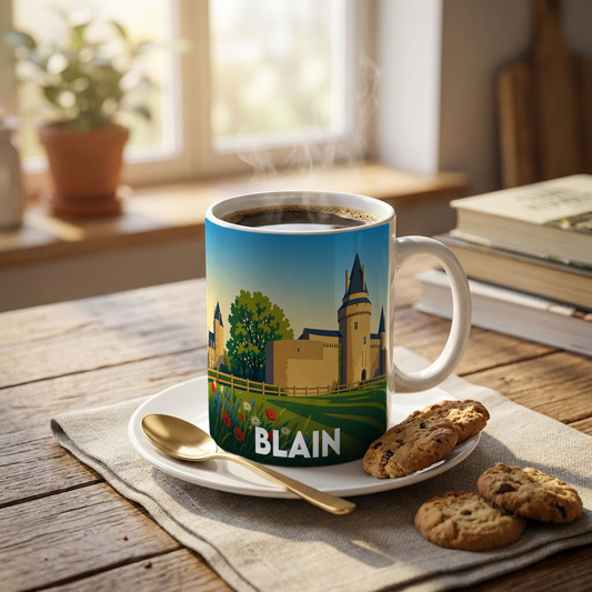 Mug souvenir de la ville de Blain illustré d'un château stylisé sur fond de paysage verdoyant.