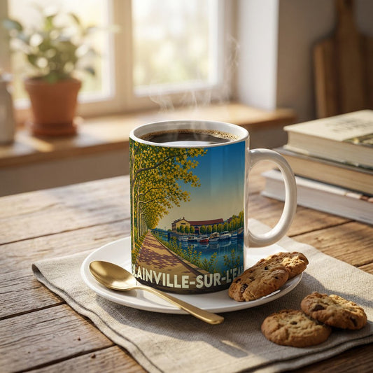 Mug souvenir de la ville de Blainville-sur-l'Eau orné d'une illustration stylisée de ses quais et bateaux.