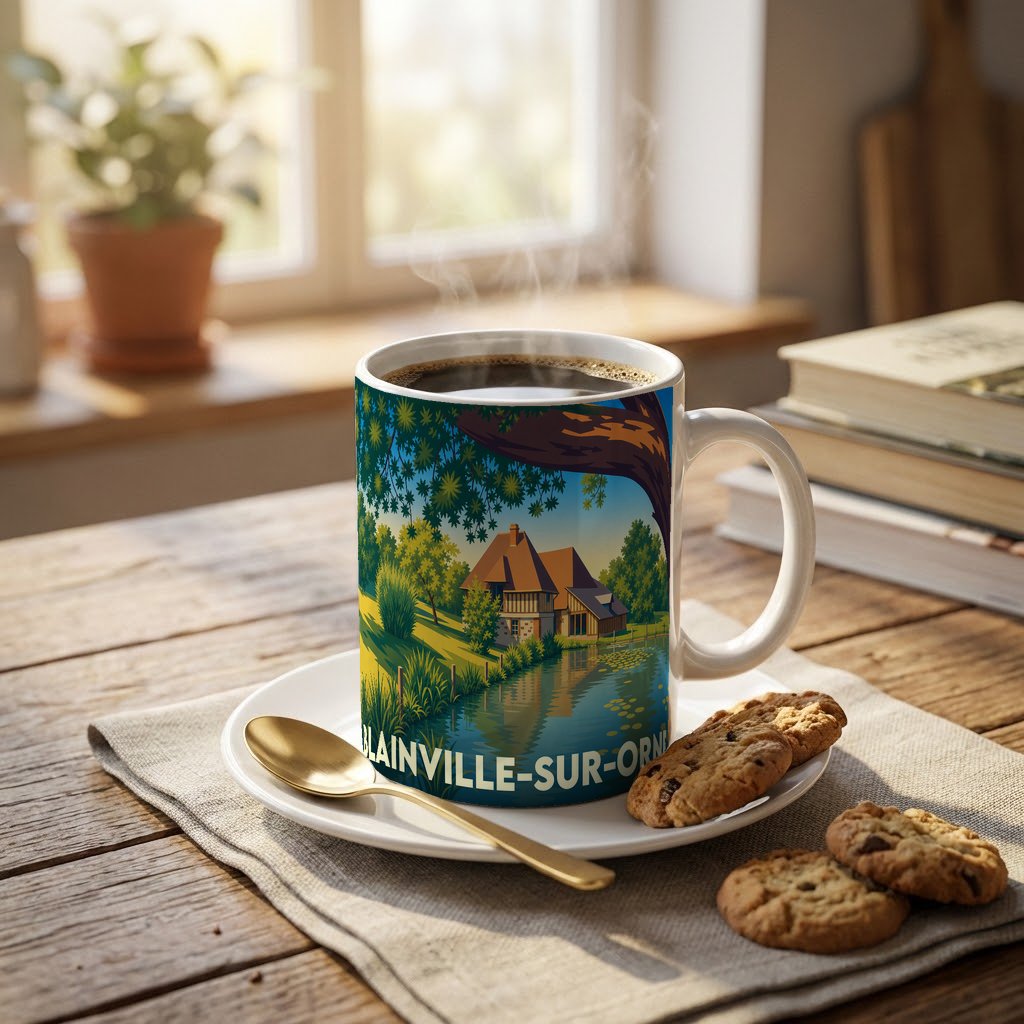 Mug souvenir de la ville de Blainville-sur-Orne illustré d'un paysage bucolique avec une maison à colombages au bord de l'eau.