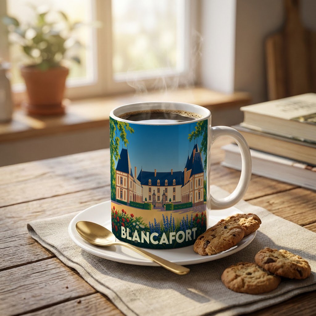 Mug souvenir de la ville de Blancafort orné d'une illustration stylisée de son château.
