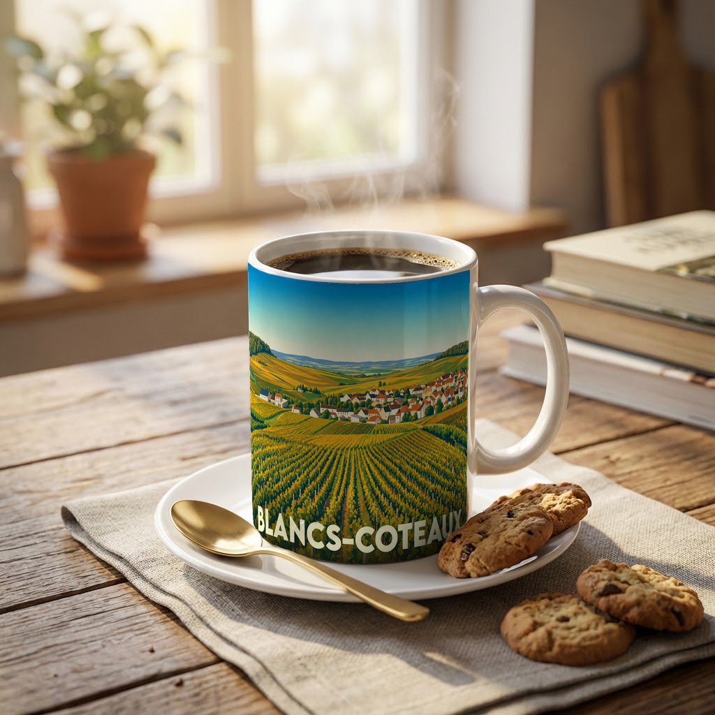 Mug souvenir de la ville de Blancs-Coteaux illustré d'un paysage de vignobles et de son village.
