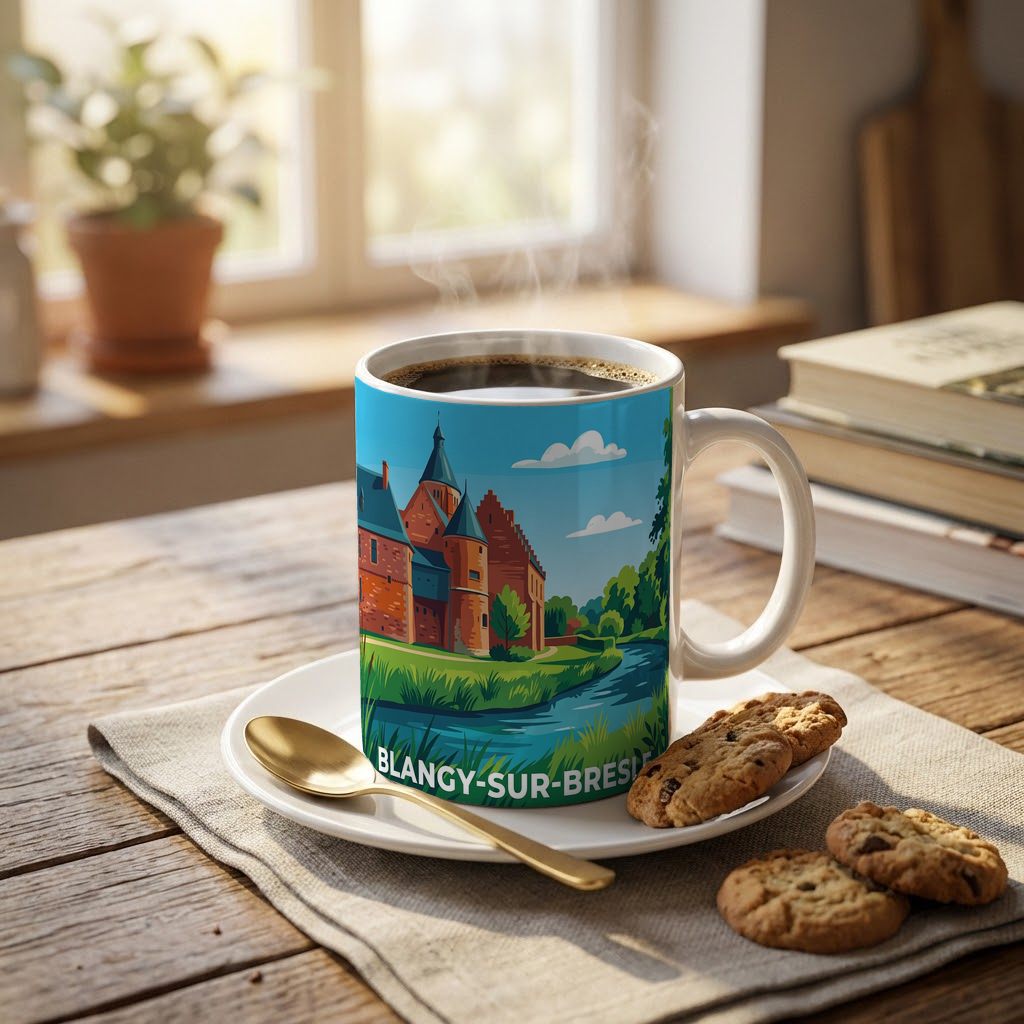 Mug souvenir de la ville de Blangy-sur-Bresle avec une illustration stylisée d'un château.