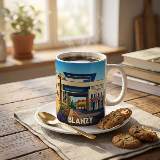 Mug souvenir de la ville de Blanzy avec une illustration stylisée et colorée.