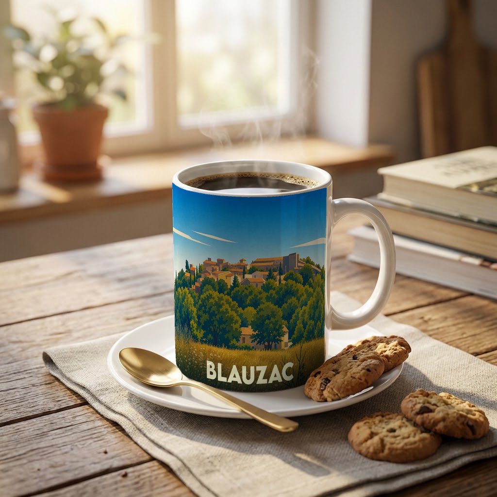 Mug souvenir de la ville de Blauzac orné d'une illustration stylisée de son paysage vallonné.