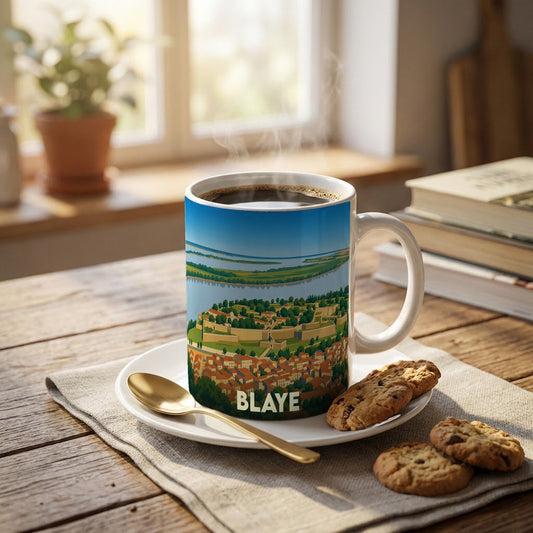 Mug souvenir de la ville de Blaye illustré d'une vue panoramique stylisée de sa citadelle et de l'estuaire.