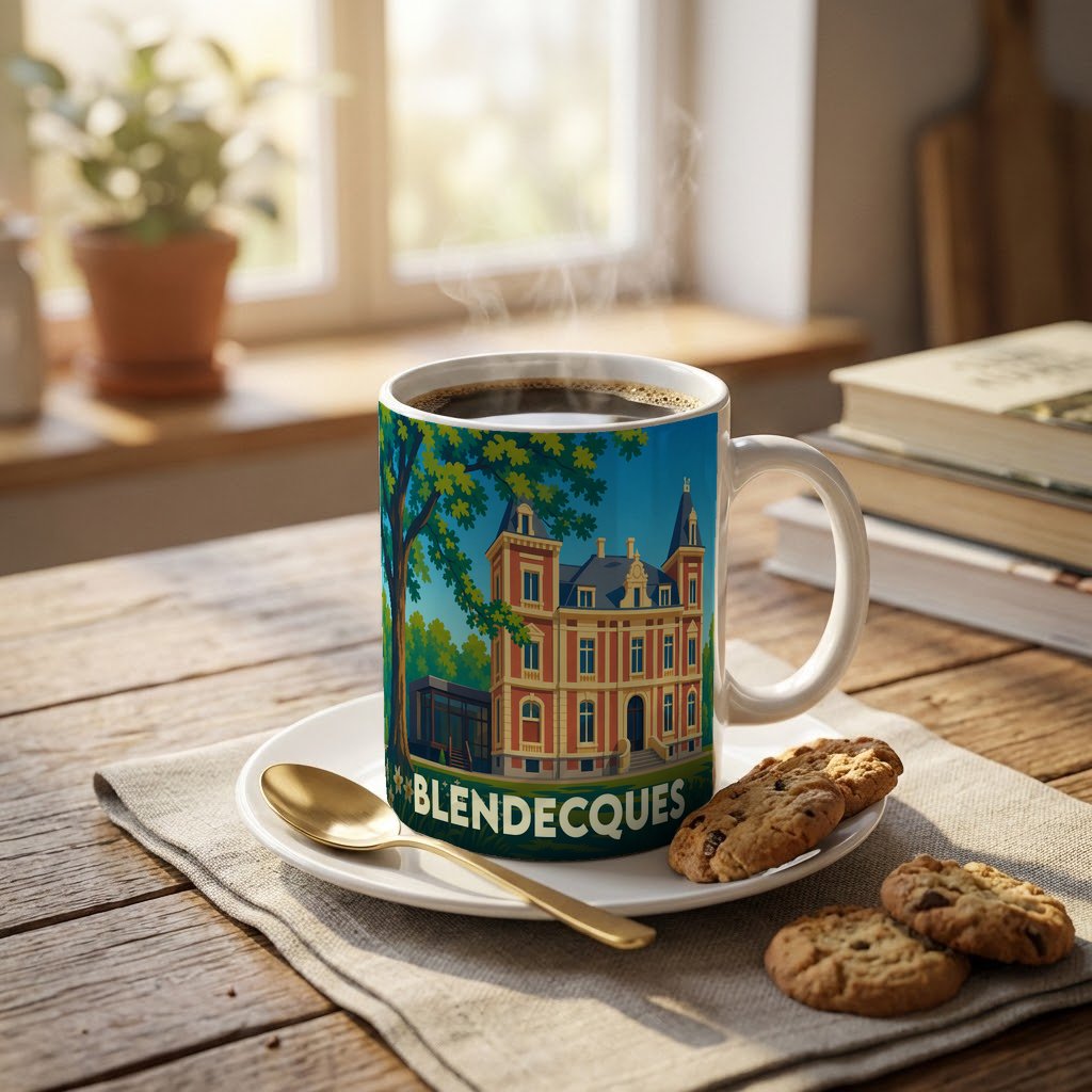 Mug souvenir de la ville de Blendecques orné d'une illustration stylisée de son château.