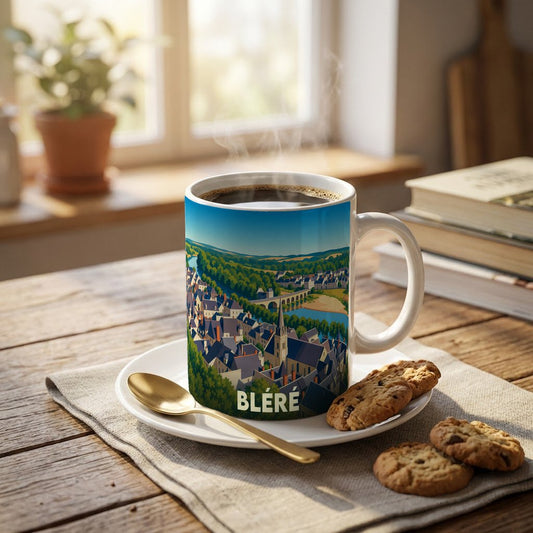 Mug souvenir de la ville de Bléré orné d'une illustration panoramique colorée et stylisée.