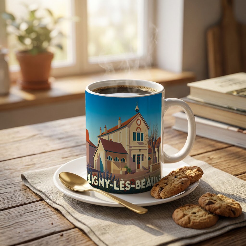 Mug souvenir de Bligny-lès-Beaune avec une illustration stylisée d'un bâtiment emblématique de la ville.