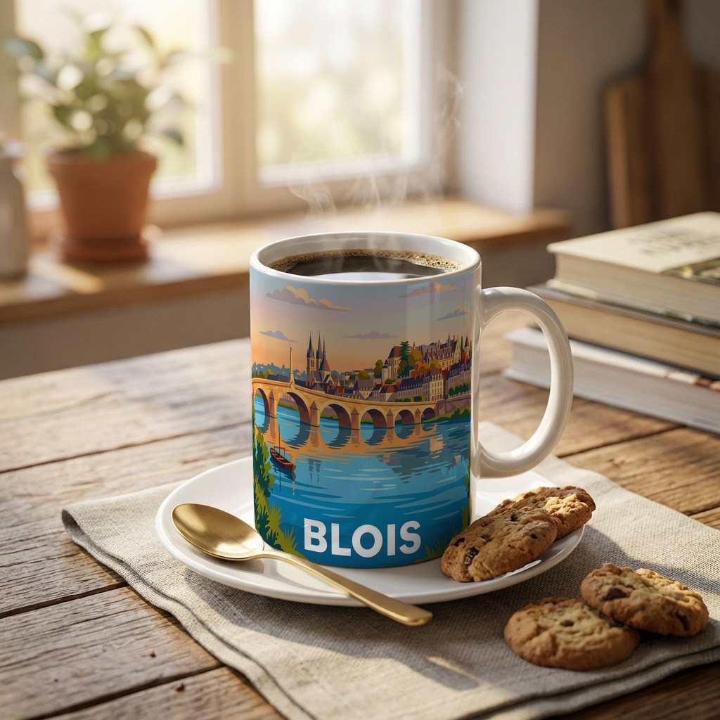 Mug souvenir de la ville de Blois avec une illustration stylisée.
