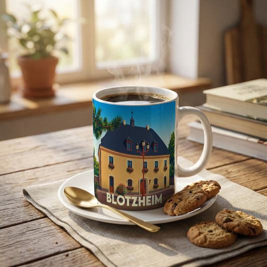 Mug souvenir de la ville de Blotzheim avec une illustration stylisée d'un bâtiment traditionnel.