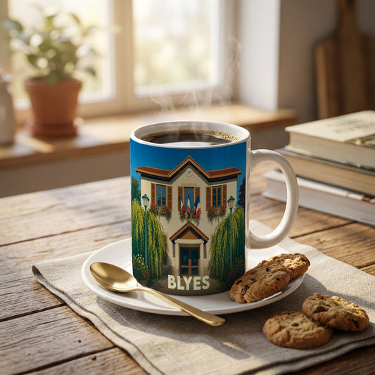 Mug souvenir de la ville de Blyes orné d'une illustration stylisée de son hôtel de ville.
