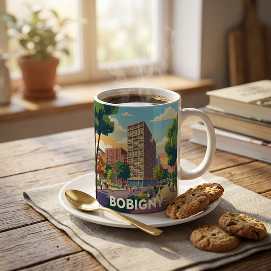 Mug souvenir de la ville de Bobigny avec une illustration stylisée et colorée de son paysage urbain.