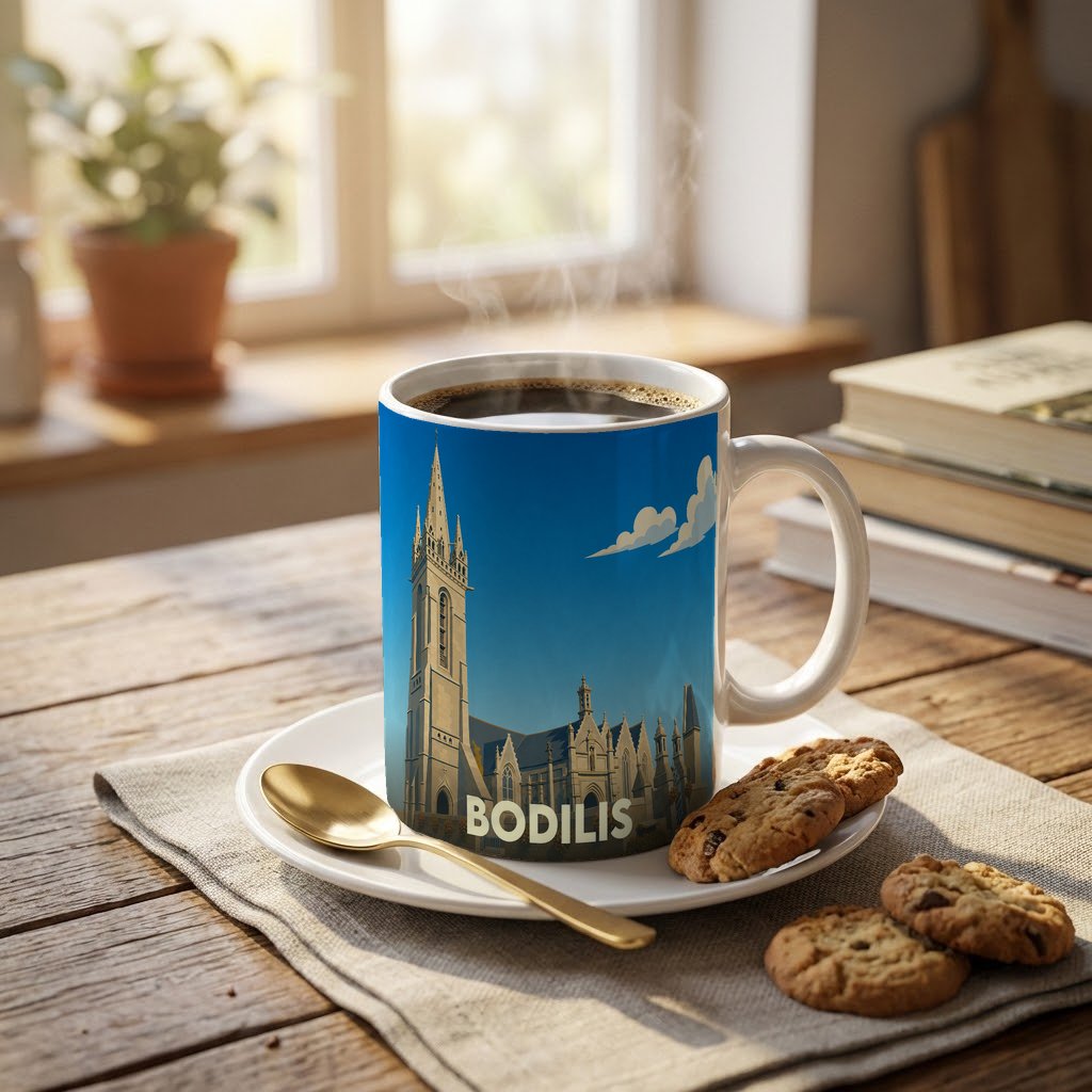 Mug souvenir de la ville de Bodilis avec une illustration stylisée de son église sur fond bleu.