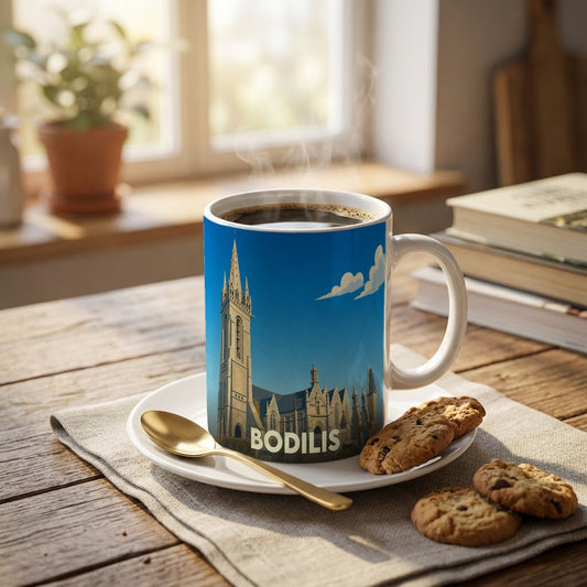 Mug souvenir de la ville de Bodilis avec une illustration stylisée de son église sur fond bleu.