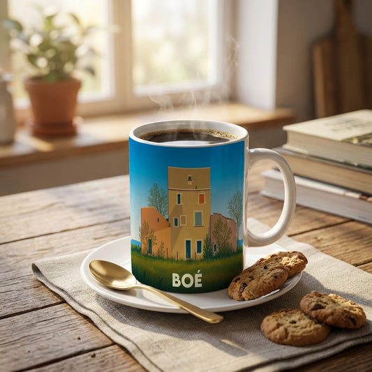 Mug souvenir de la ville de Boé avec une illustration stylisée d'un bâtiment historique.
