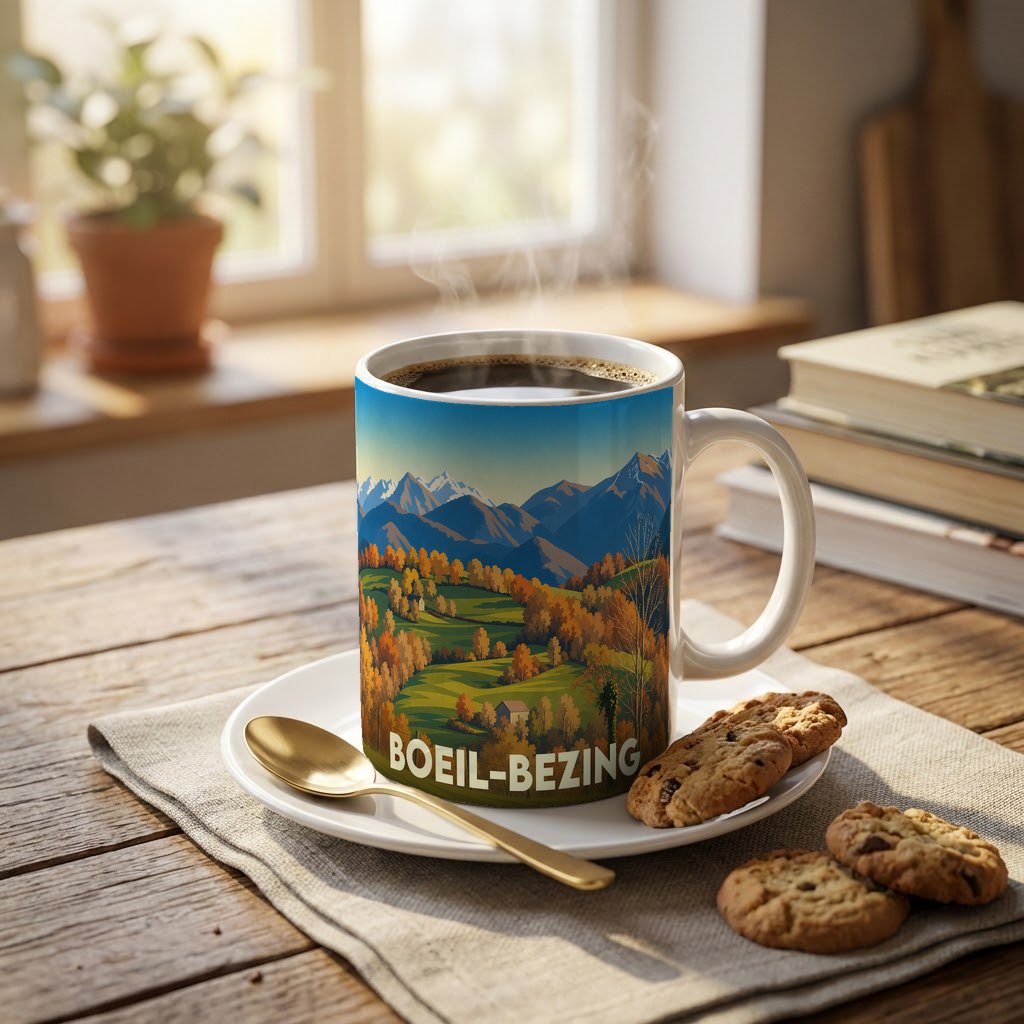 Mug souvenir de la ville de Boeil-Bezing avec une illustration stylisée de paysages montagneux en automne.