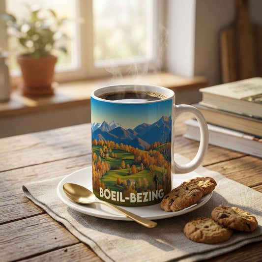 Mug souvenir de la ville de Boeil-Bezing avec une illustration stylisée de paysages montagneux en automne.