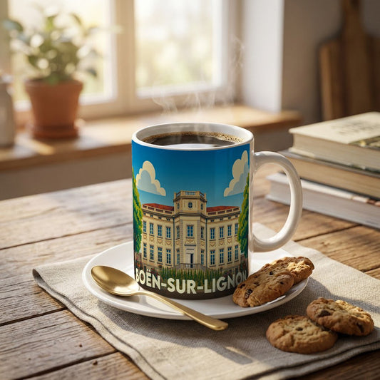 Mug souvenir de la ville de Boën-sur-Lignon avec une illustration stylisée du château local.