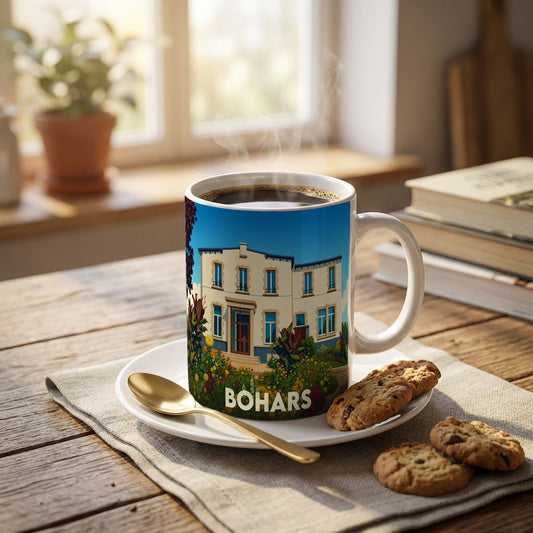 Mug souvenir de la ville de Bohars illustré d'une demeure élégante et de jardins fleuris.