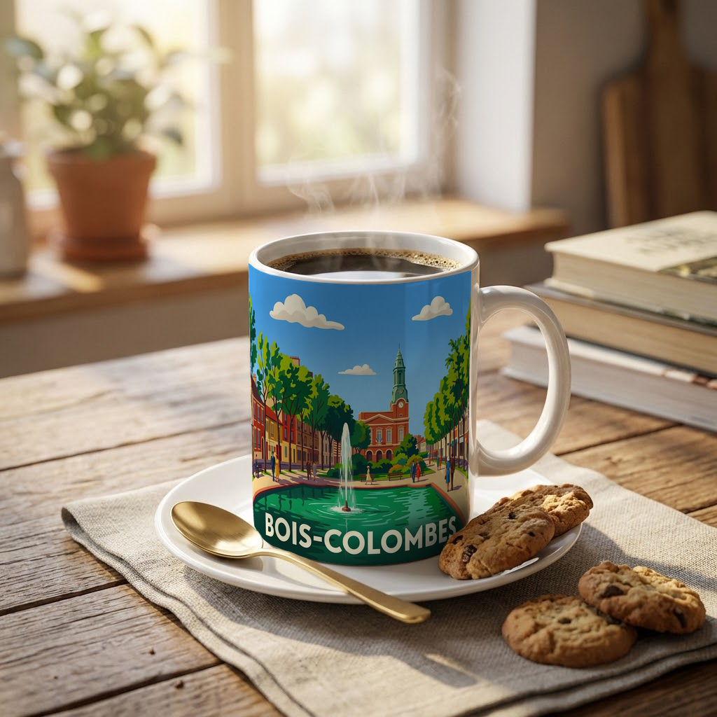Mug souvenir de la ville de Bois-Colombes avec une illustration stylisée.