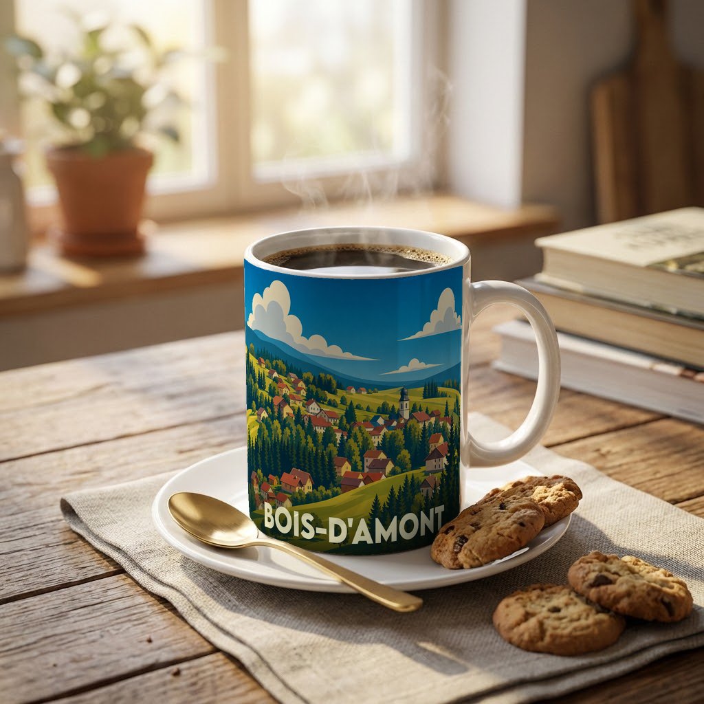 Mug souvenir de la ville de Bois-d'Amont avec une illustration stylisée d'un village de montagne.
